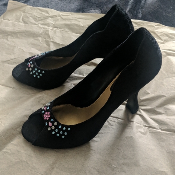 Bejeweled Velour Curved Peep Toe Heels - Picture 1 of 10
